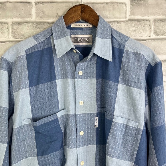 vtg LEVI'S Silvertab 90s Baby Blue Check Textured Button Down Shirt Mens Medium - Picture 1 of 8